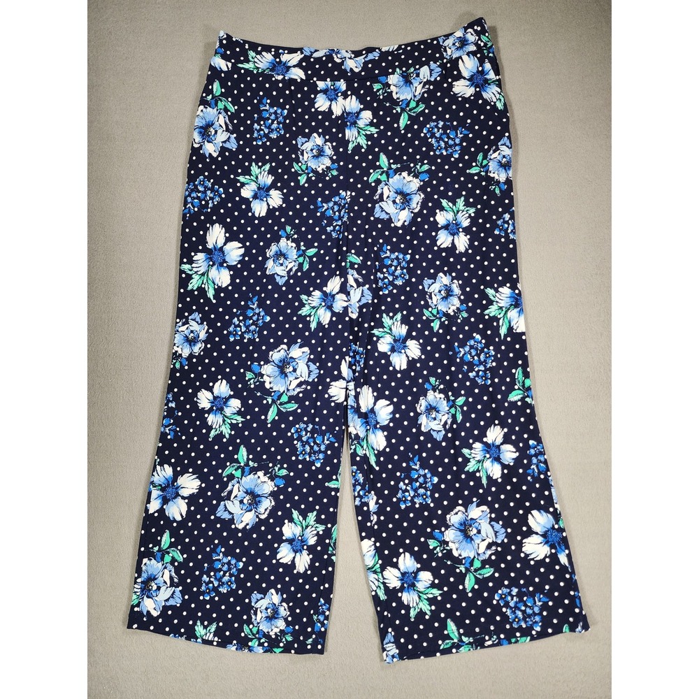 Susan Graver Liquid Knit Cropped Capri Pant Medium Navy Blue Floral Polka Dots
